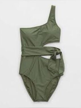 Aerie Green One Shoulder Cutout One Piece Swimsuit Wrap Tie Full Coverage Small